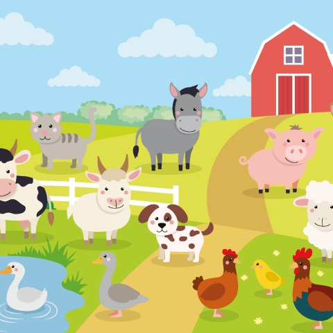 Dessin d’une ferme avec plusieurs animaux, poules, cochon, âne...