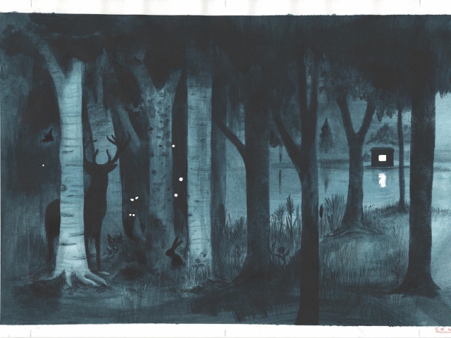 Illustration d'une forêt dans l'ombre de la nuit, avec pour seuls lumières les yeux d'animaux et une cabane en arrière plan