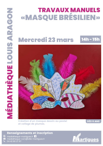 affiche rappelant date et horaires, avec une illustration de masque brésilien sur fond rouge