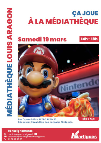affiche rappelant date et horaires de l'événement, illustré par une photographie d'une statue du personnage Mario, un stand Nintendo en arrière-plan