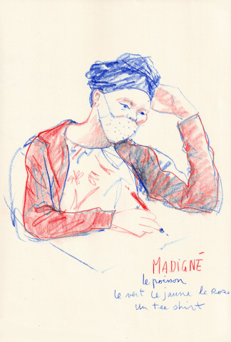 illustration d'une femme voilée et masquée en réflexion devant une feuille de papier, stylo à la main