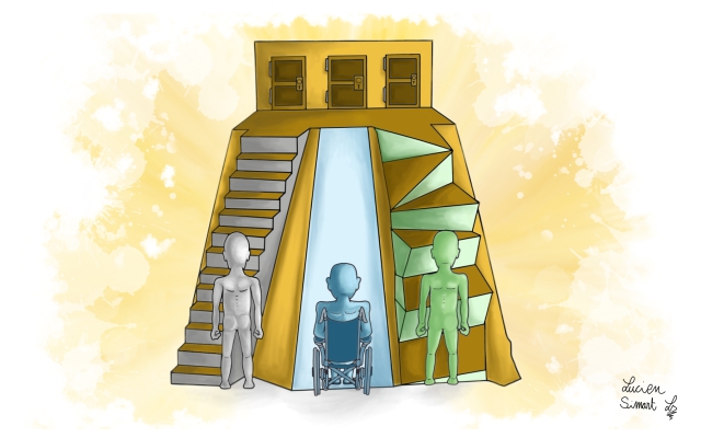 Illustration de trois personnes, face à trois escaliers menant à une porte et adaptés à leur couleur