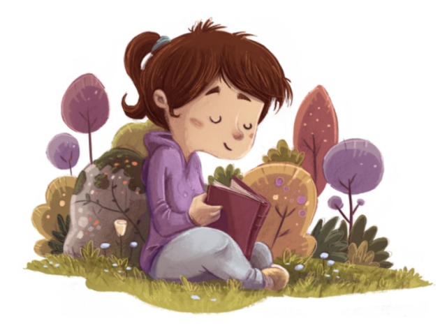 illustration colorée d'une fille lisant en pleine nature