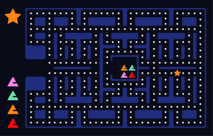 écran de jeu représentant Pac-man, où les fantômes sont remplacés par des triangles et Pac-Man par une étoile