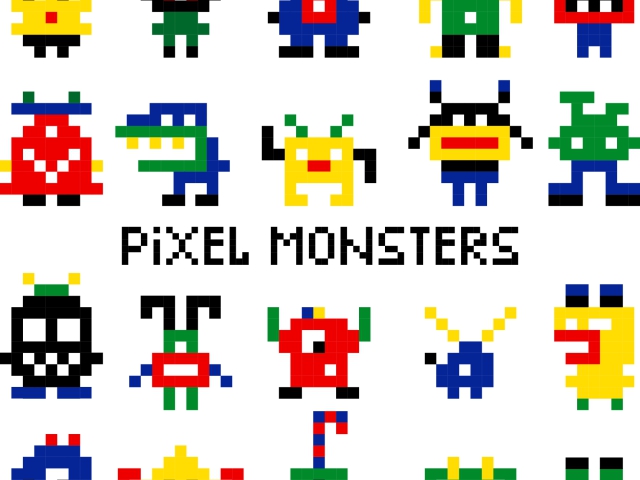 illustration du pixel art figurant 20 petits monstres colorés dessinés avec peu de pixels