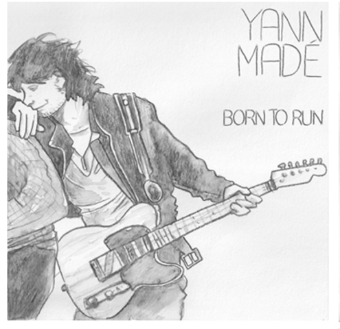 Dessin en noir et blanc, Yann Madé tenant une guitare