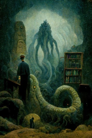 Personnage sur fonds d'intérieur aménagé d'une caverne, avec en arrière-plan un monstre de mer sombre et effrayant avec tentacules à l'entrée.