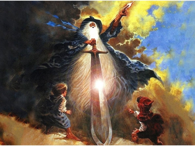 Affiche d'époque du film montrant le magicien Gandalf tenant une épée, entouré de hobbits