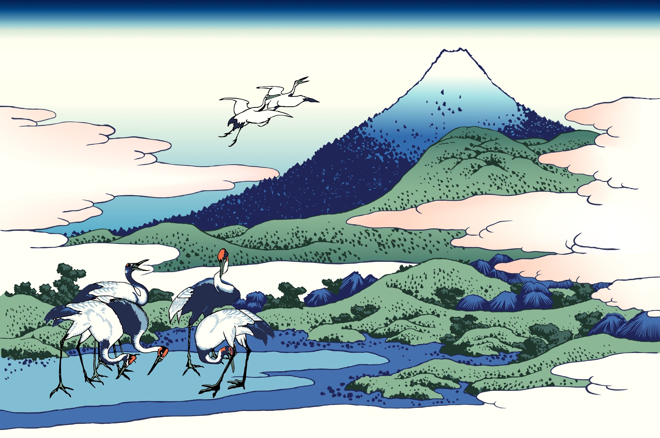 estampe d'Hokusaï avec grues et Mont Fuji