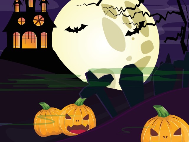 Image d'Halloween avec un château, des citrouilles et la pleine lune
