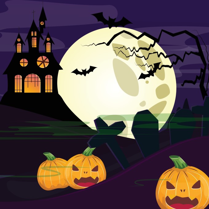 Image d'Halloween avec un château, des citrouilles et la pleine lune