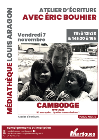 Affiche de l'événement avec une photo en noir et blanc d'Eric Bouhier et deux enfants.