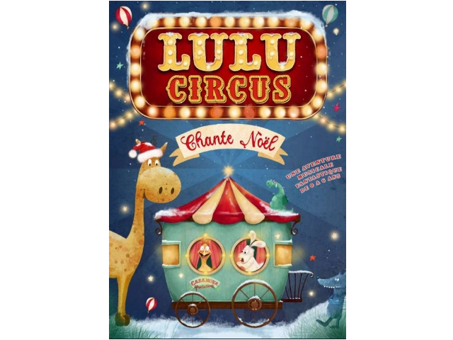 Image du spectacle avec une girafe et une roulotte.