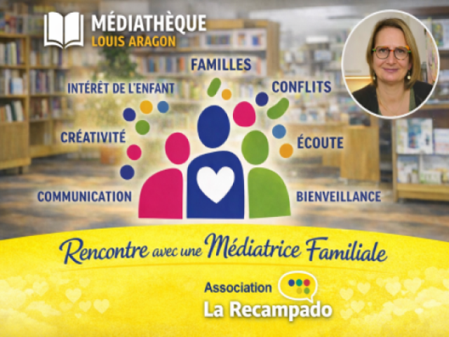 Photo de la m&eacute;diatrice Agn&egrave;s Peccate avec des mots cl&eacute;s d&eacute;crivant la m&eacute;diation familiale.