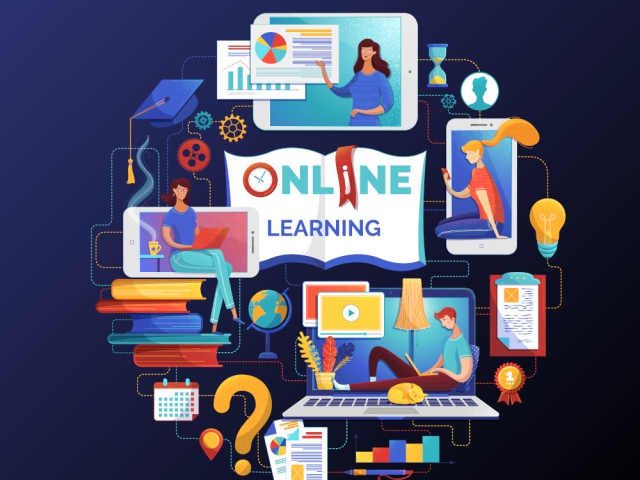 illustration colorée de dessins représentants des appareils électroniques, leurs utilisateurs et un livre ouvert sur une double page "online learning"