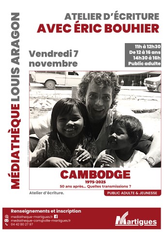 Affiche de l'événement avec une photo en noir et blanc d'Eric Bouhier et deux enfants.