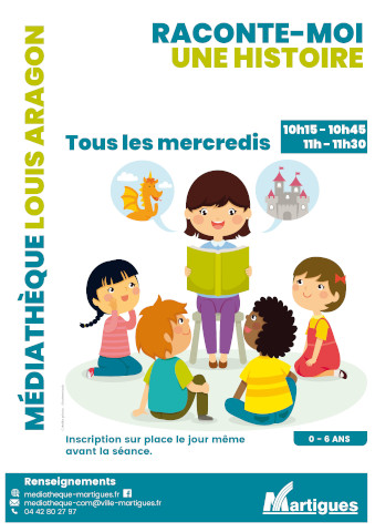 affiche rappelant les horaires, illustration d'une bibliothécaire tenant un livre pour les enfants en pleine séance de « Raconte-moi une histoire »