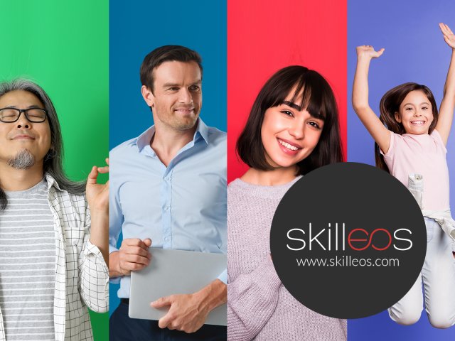 Logo Skilleos et 5 personnes représentatives des catégories de cours de Skilleos, sur fond coloré